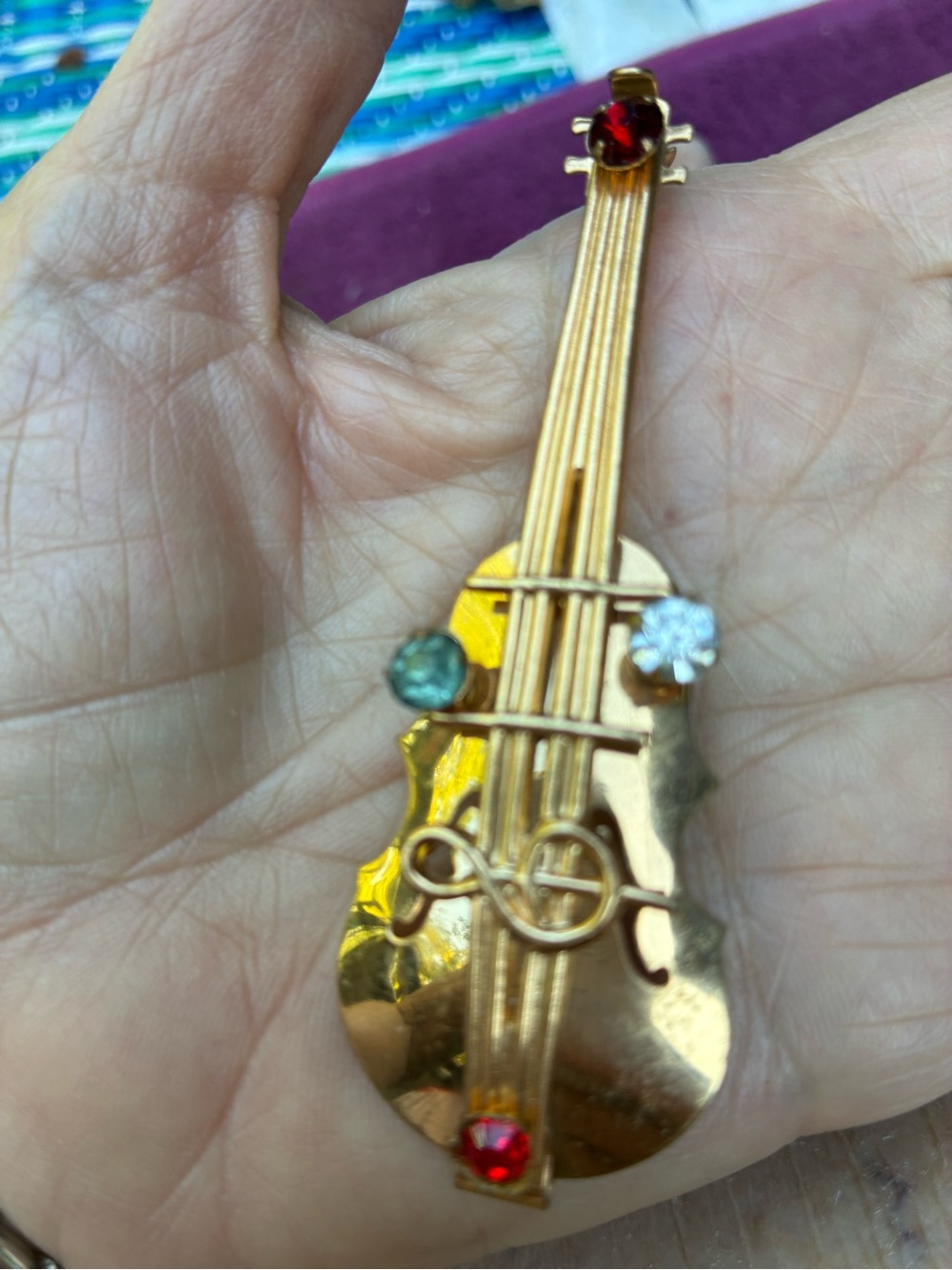 Gold-Tone Violin Brooch with Red, Green and Clear Stones